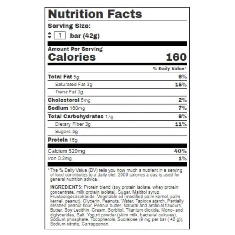 Vanilla Peanut Butter Protein Bar nutrition fact